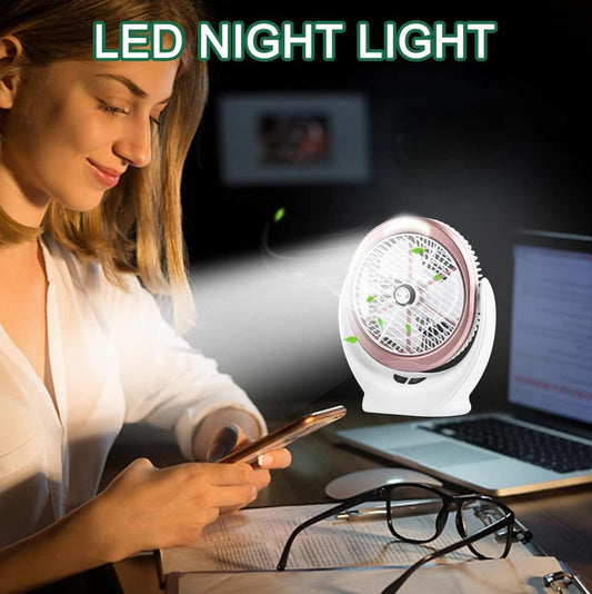 Large size Table Fan with Strong Airflow & Quiet Operation, Portable Cooling house Fan with COB Night Lights 3 Speeds Adjustable 360° Rotatable Head for Home Office Bedroom Travel Desktop